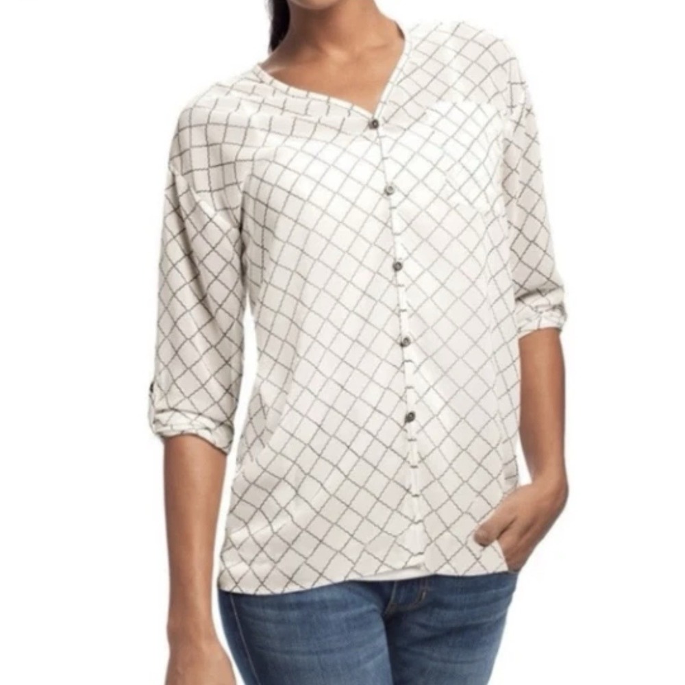 CAbi Womens Blouse Sz S Small Sheer Chessboard Wave White Blouse Button Front